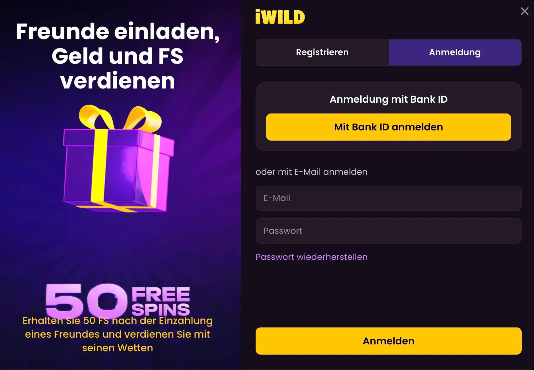 iWild Anmeldung mit Bank ID oder E-Mail